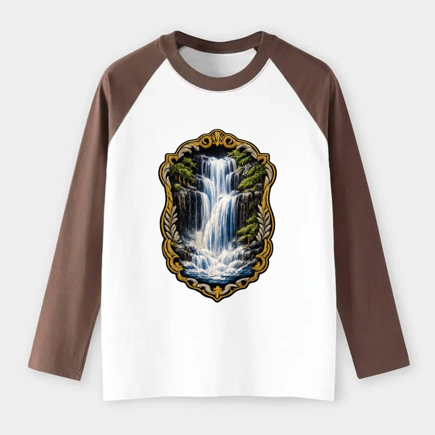 WATERFALL CASCADE - falling water with mist in blue and white , nature - Raglan Long Sleeve T-Shirt - Coffee