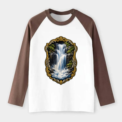 WATERFALL CASCADE - falling water with mist in blue and white , nature - Raglan Long Sleeve T-Shirt - Coffee