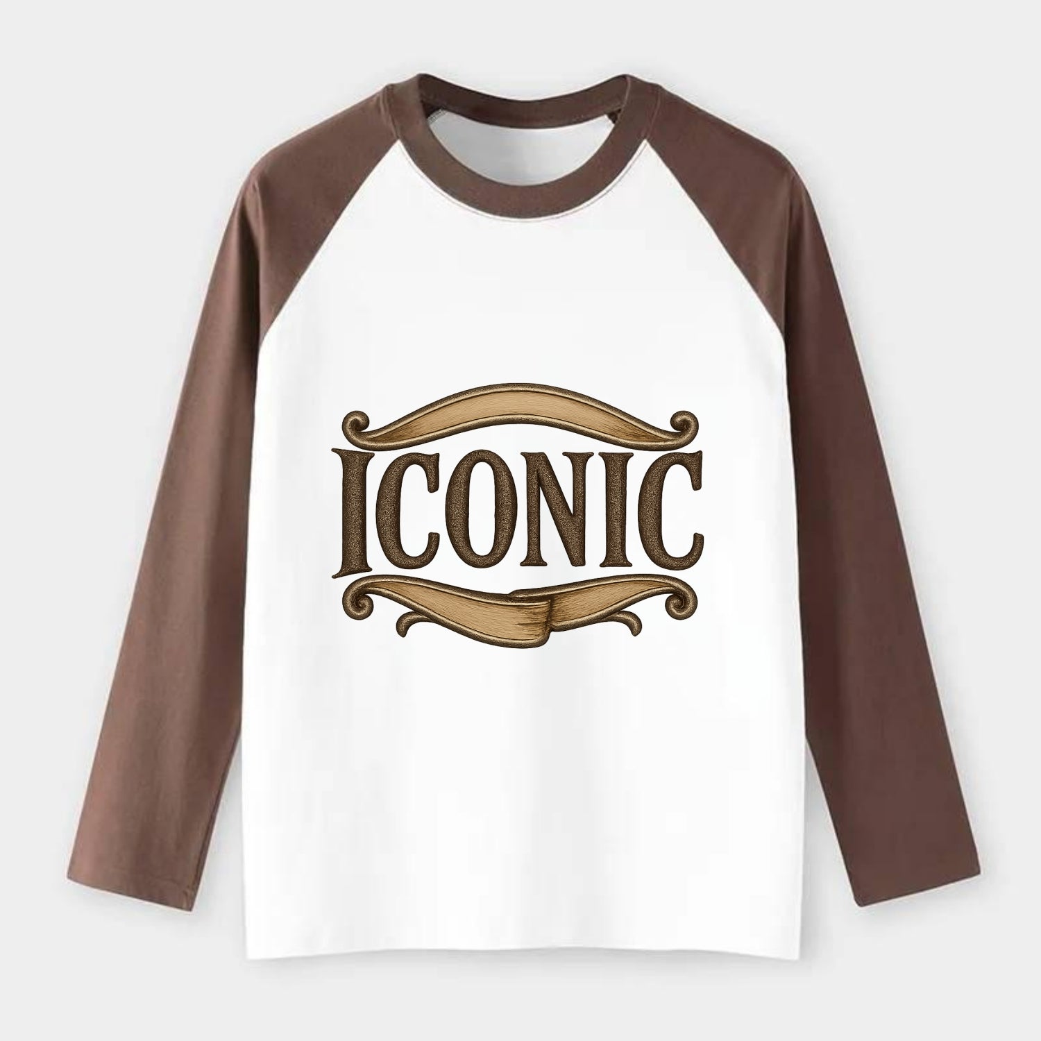 Bold typography design - "ICONIC" - instantly recognizable, trendsetter - Raglan Long Sleeve T-Shirt - Coffee