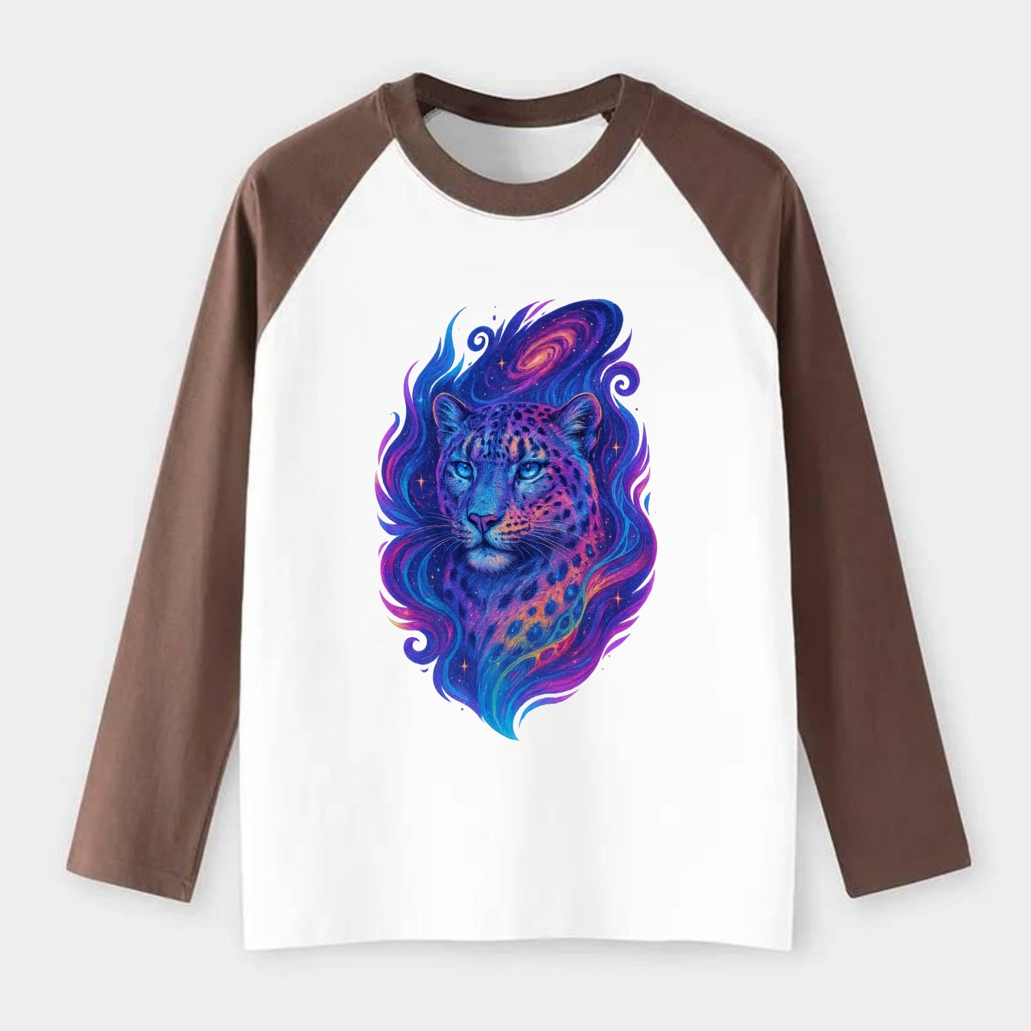 Majestic snow leopard with rainbow gradient spots, crystalline flowing - Raglan Long Sleeve T-Shirt - Coffee