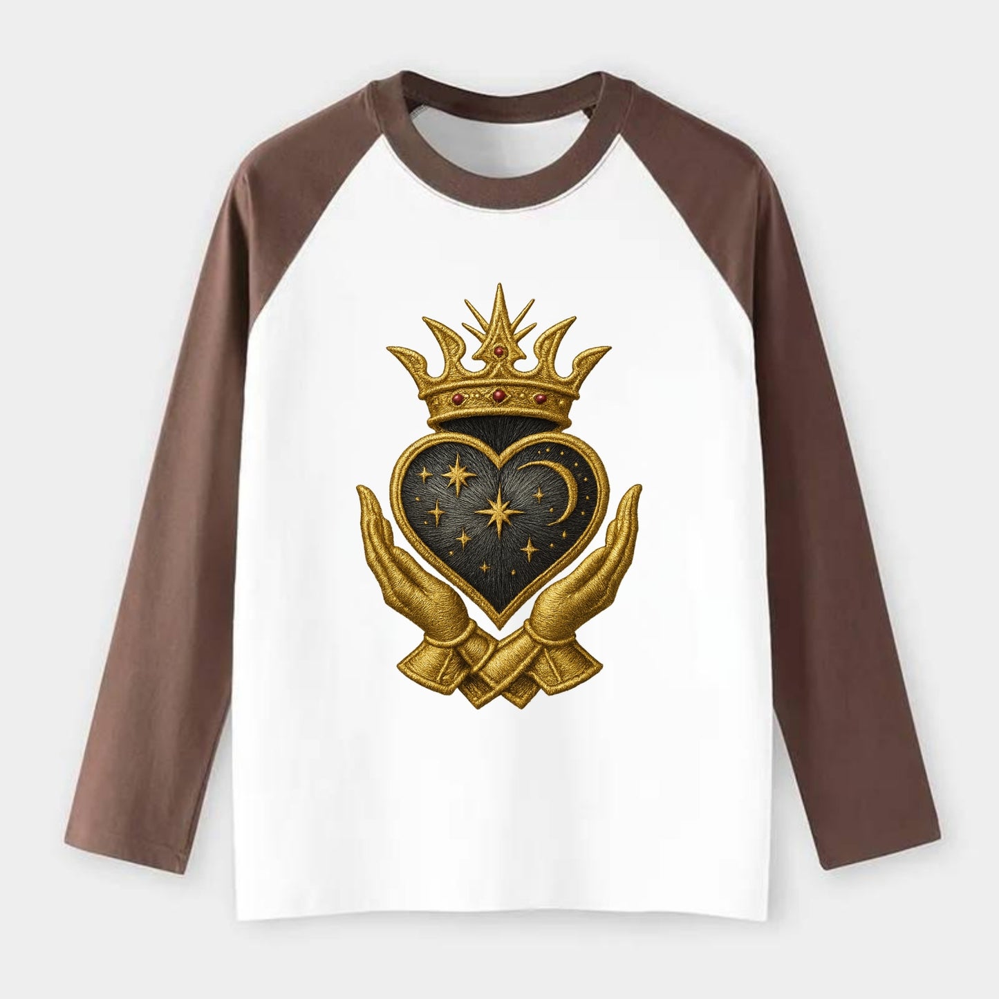 Hammered bronze warrior crown anchoring a dark steel heart with - Raglan Long Sleeve T-Shirt - Coffee