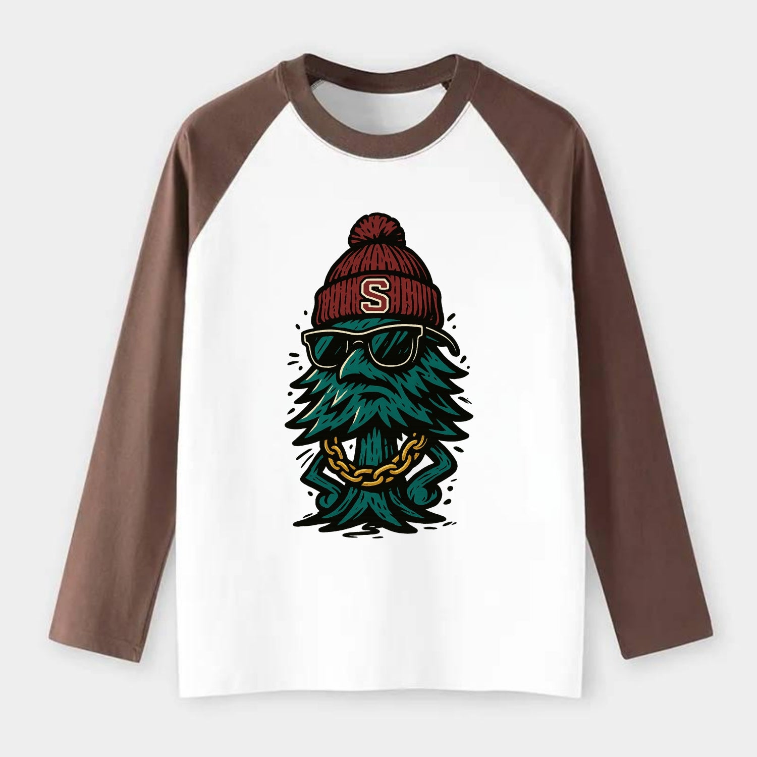 Palo Alto Tree wearing Stanford beanie with S patch - Raglan Long Sleeve T-Shirt - Coffee