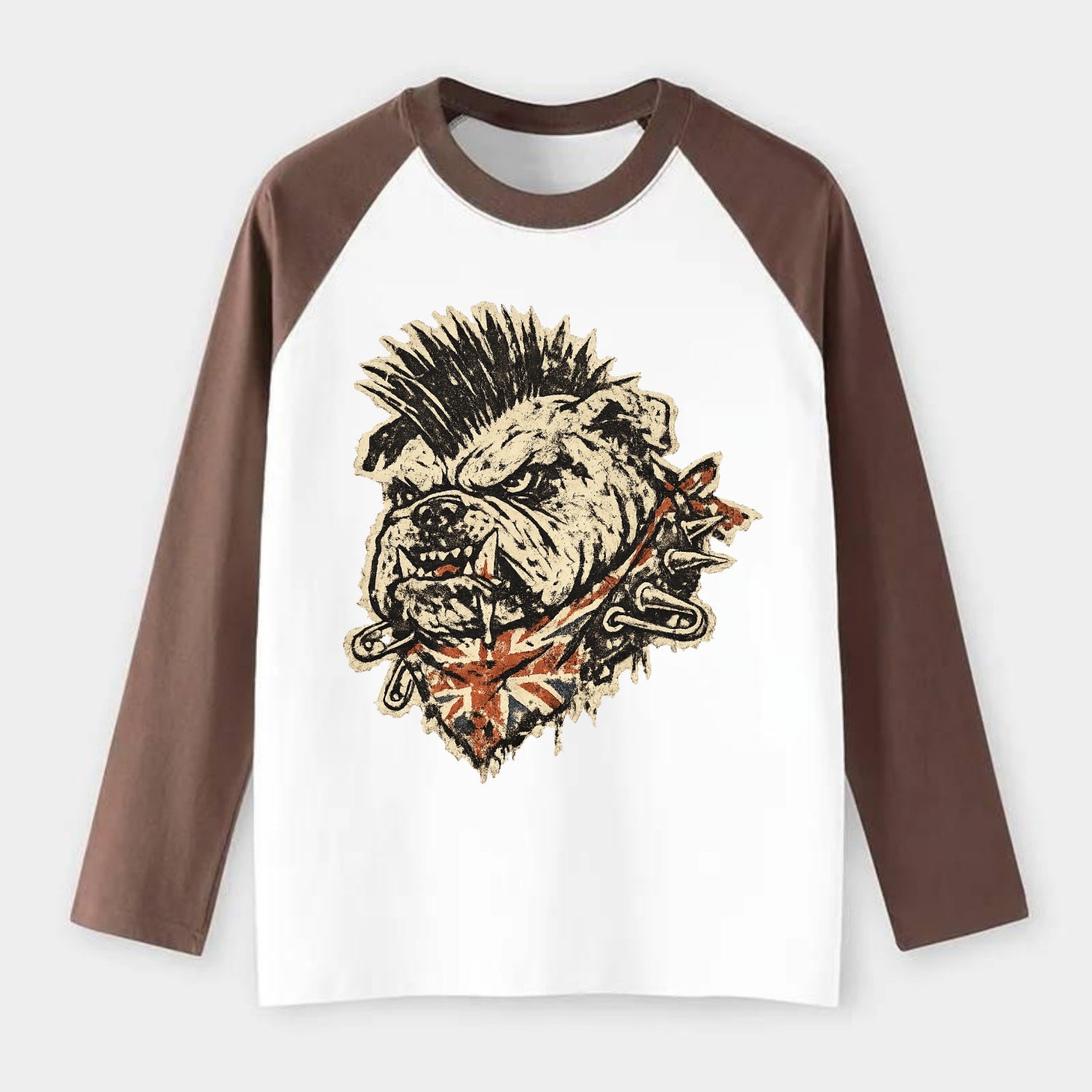 PUNK BULLDOG | British bulldog with mohawk | Safety pins through - Raglan Long Sleeve T-Shirt - Coffee