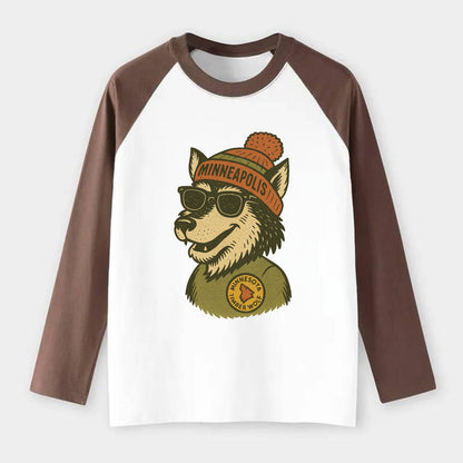 Minnesota Timber Wolf wearing Minneapolis beanie with pom pom and - Raglan Long Sleeve T-Shirt - Coffee