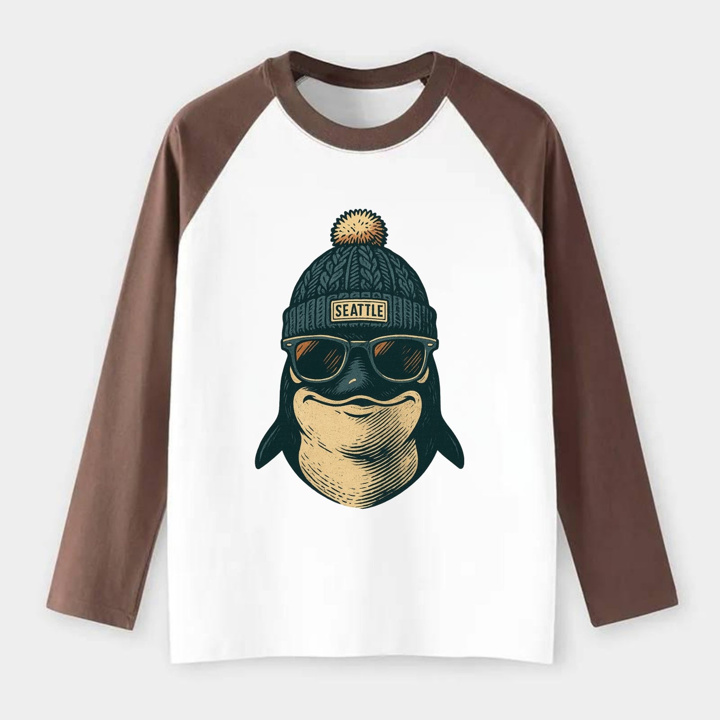 Washington Orca wearing Seattle beanie with pom pom and wayfarer - Raglan Long Sleeve T-Shirt - Coffee