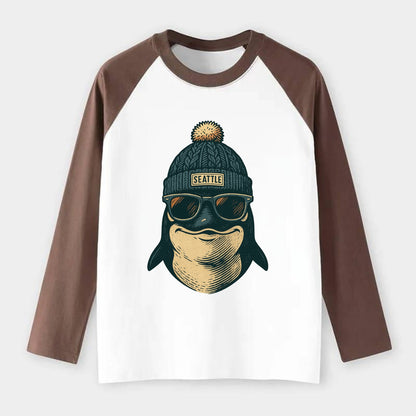 Washington Orca wearing Seattle beanie with pom pom and wayfarer - Raglan Long Sleeve T-Shirt - Coffee