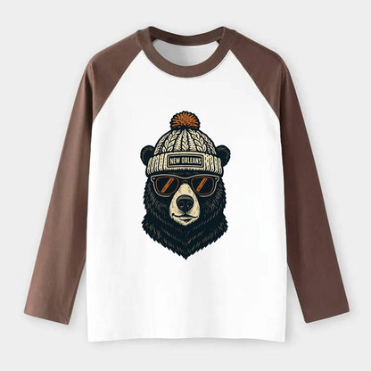 Louisiana Black Bear wearing New Orleans beanie with pom pom and - Raglan Long Sleeve T-Shirt - Coffee