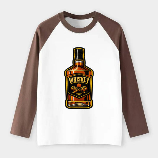 WHISKEY BOTTLE - bourbon bottle in amber and gold , spirits connoisseur - Raglan Long Sleeve T-Shirt - Coffee