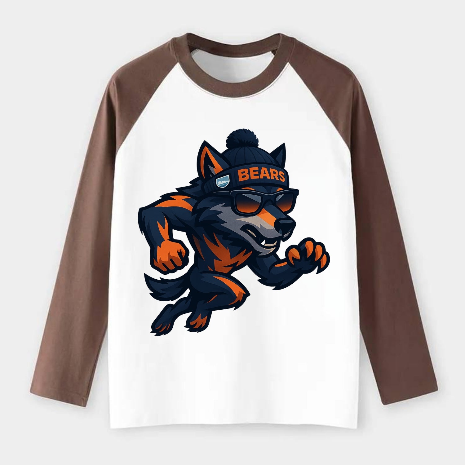Chicago Wolf wearing Bears beanie with Lake Michigan patch and - Raglan Long Sleeve T-Shirt - Coffee