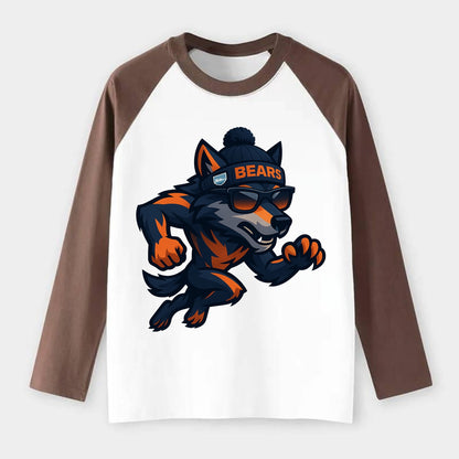 Chicago Wolf wearing Bears beanie with Lake Michigan patch and - Raglan Long Sleeve T-Shirt - Coffee