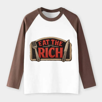 EAT THE RICH - fork and knife with text in red and silver , class war - Raglan Long Sleeve T-Shirt - Coffee