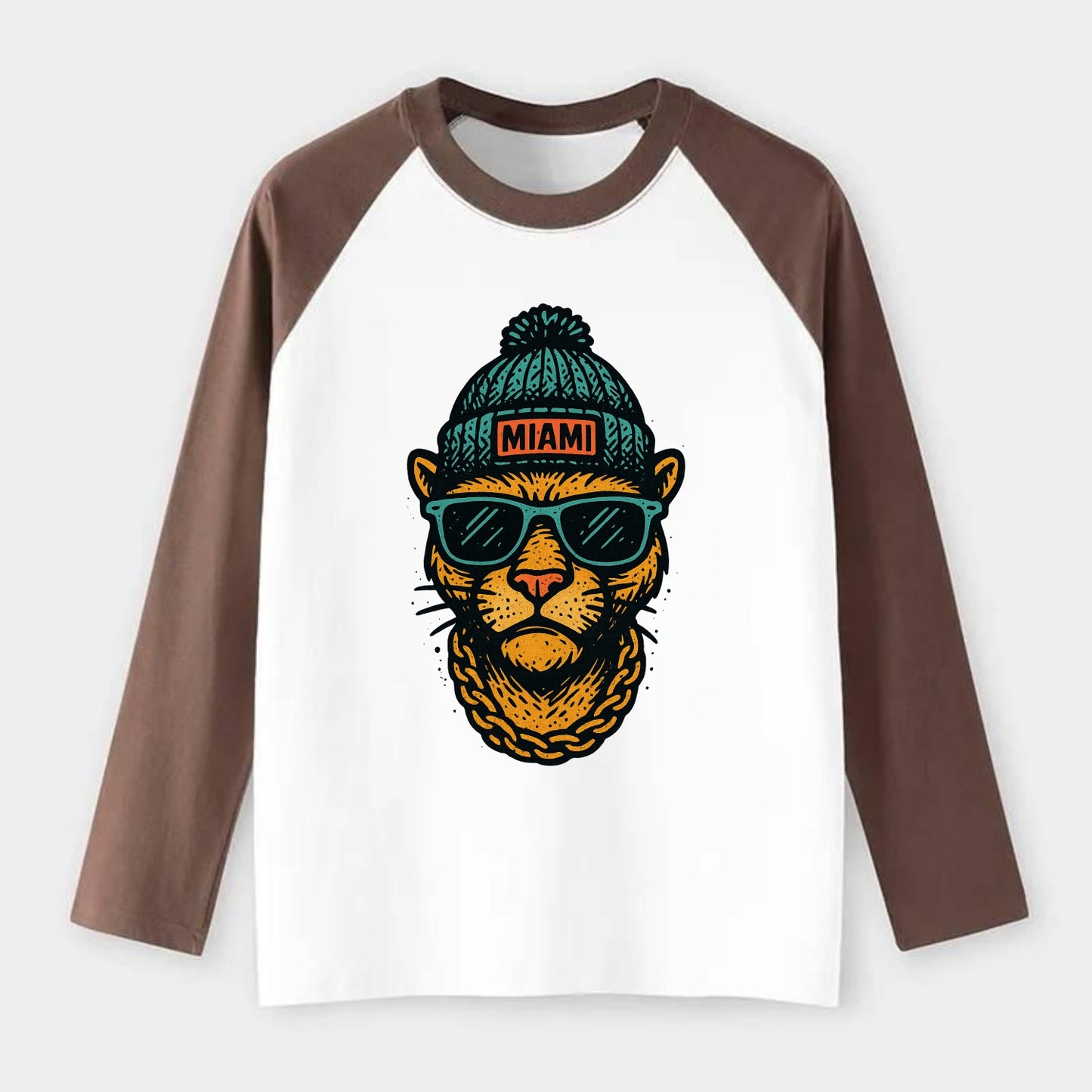 Florida Panther wearing Miami beanie with pom pom and wayfarer - Raglan Long Sleeve T-Shirt - Coffee
