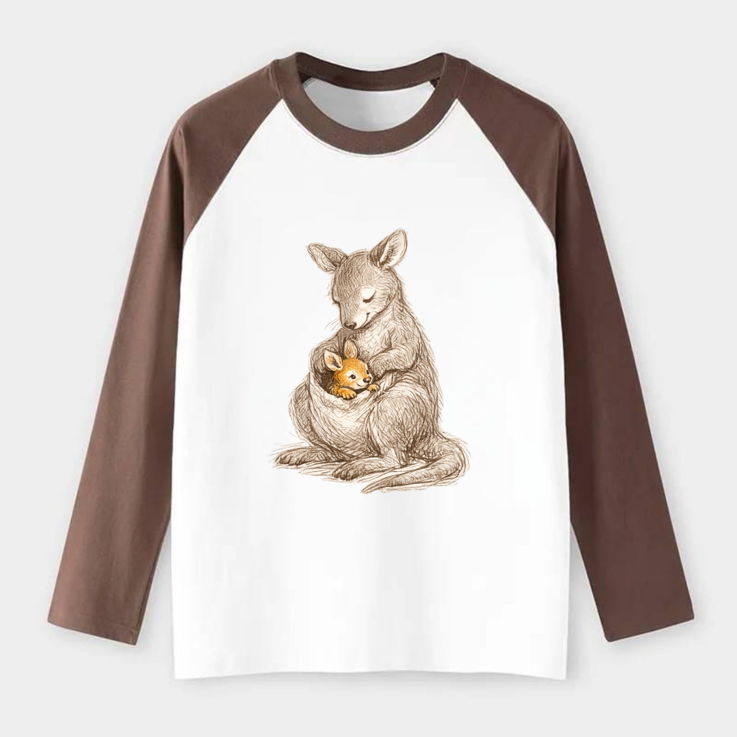 MOTHER'S POUCH | Kangaroo maternal embrace | Joey safe inside | - Raglan Long Sleeve T-Shirt - Coffee