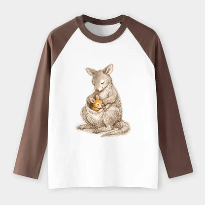 MOTHER'S POUCH | Kangaroo maternal embrace | Joey safe inside | - Raglan Long Sleeve T-Shirt - Coffee