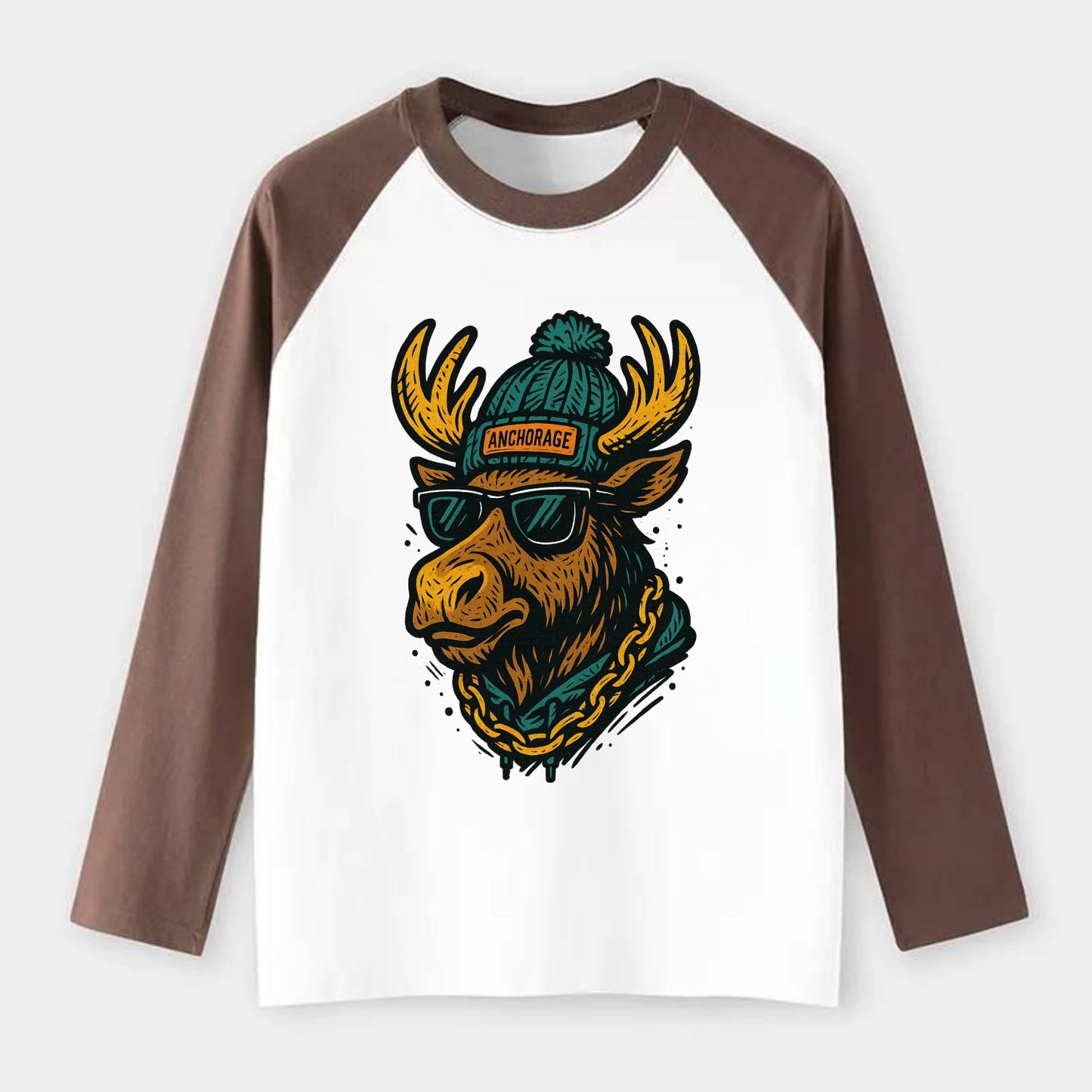 Alaska Moose wearing Anchorage beanie with pom pom and wayfarer - Raglan Long Sleeve T-Shirt - Coffee