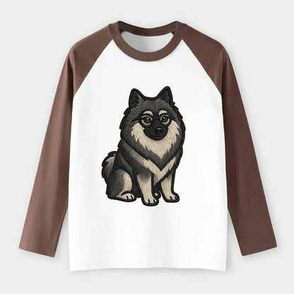 Keeshond - Gray and black spectacles embroidered design - Raglan Long Sleeve T-Shirt - Coffee