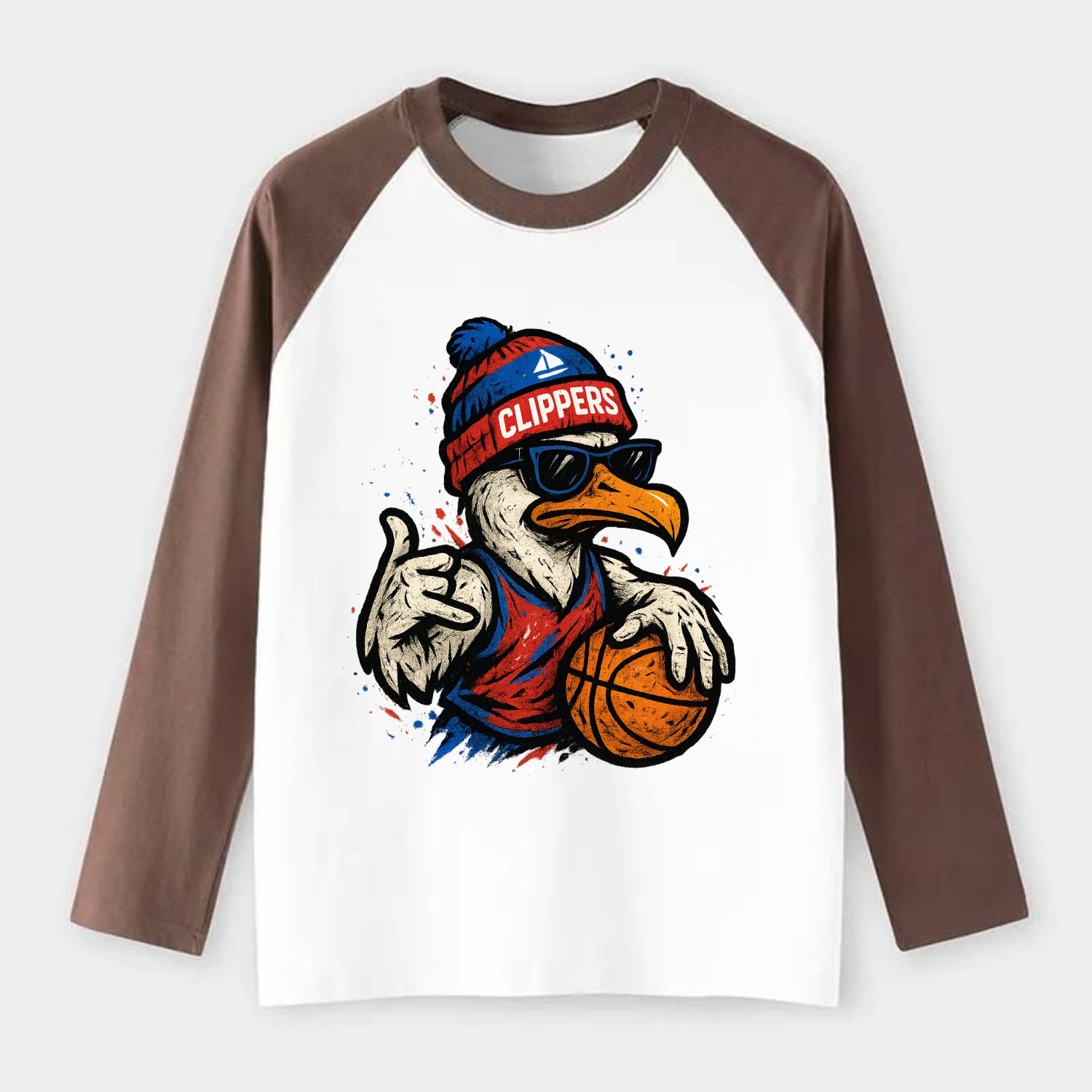 LA Seagull wearing Clippers red white and blue beanie with ship patch - Raglan Long Sleeve T-Shirt - Coffee