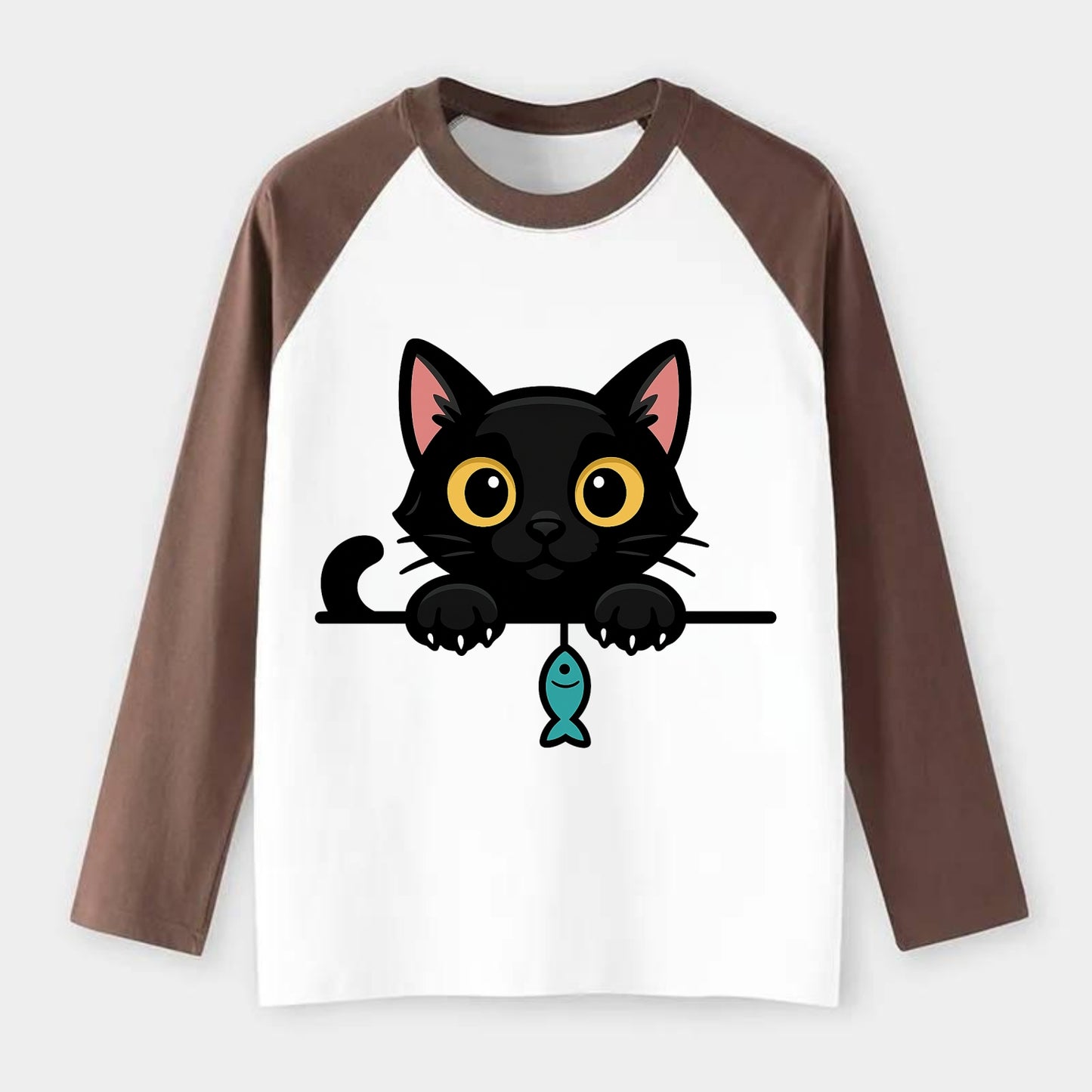 Midnight the black cat holding a tiny yarn ball between both paws - Raglan Long Sleeve T-Shirt - Coffee