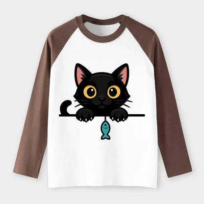 Midnight the black cat holding a tiny yarn ball between both paws - Raglan Long Sleeve T-Shirt - Coffee