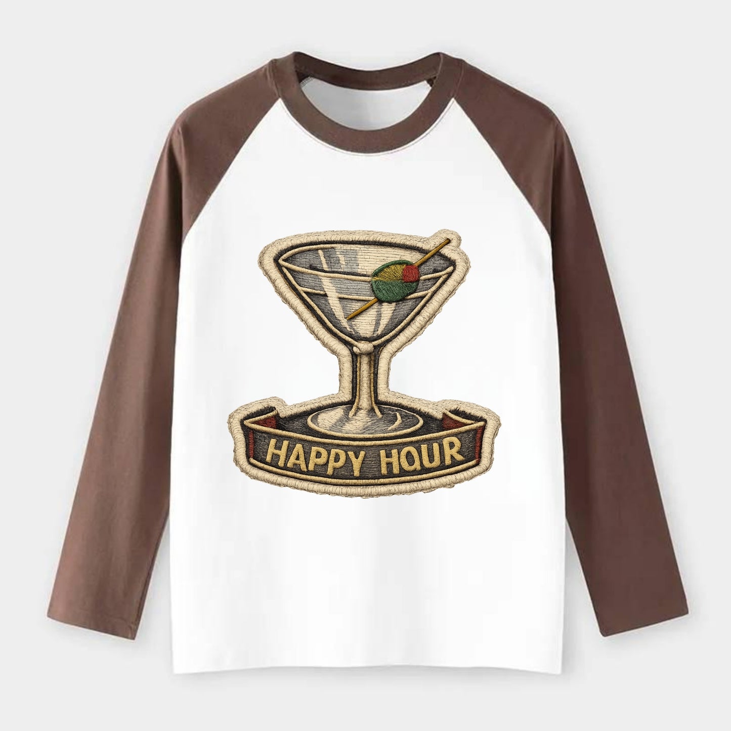 COCKTAIL MARTINI - martini glass with olive in silver and green , - Raglan Long Sleeve T-Shirt - Coffee