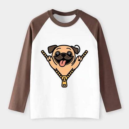 Pug - Raglan Long Sleeve T-Shirt - Coffee