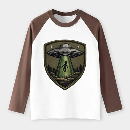 UFO ALIEN - flying saucer with beam in silver and green , - Raglan Long Sleeve T-Shirt - Coffee