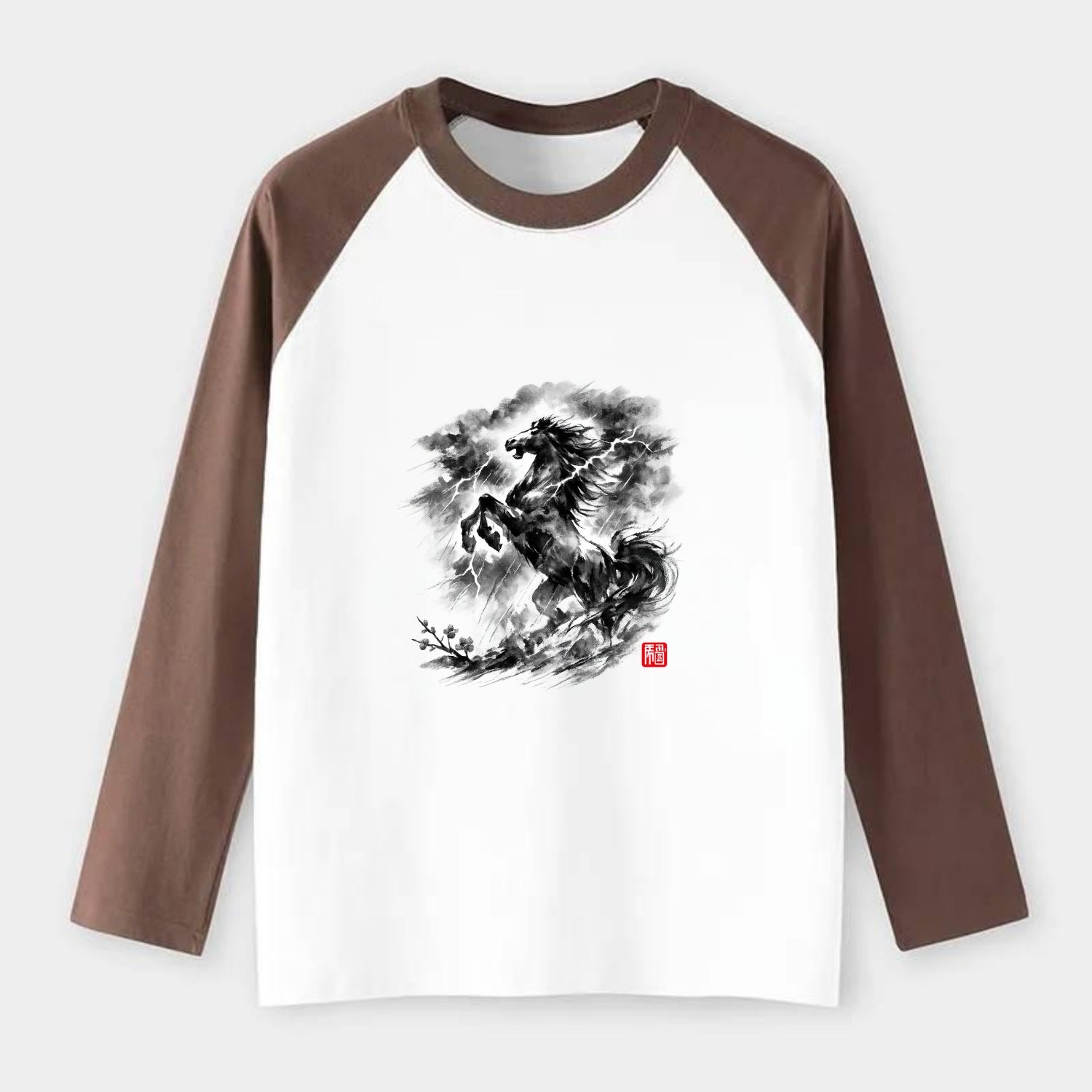 THUNDER HORSE | Storm horse with lightning elements | Dramatic storm - Raglan Long Sleeve T-Shirt - Coffee