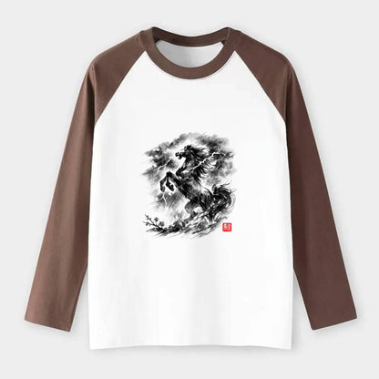 THUNDER HORSE | Storm horse with lightning elements | Dramatic storm - Raglan Long Sleeve T-Shirt - Coffee