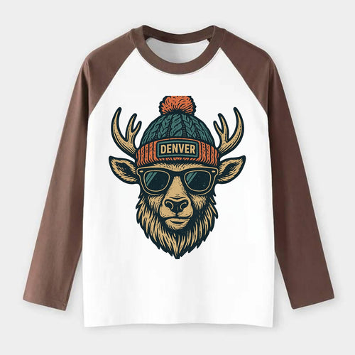 Denver Elk wearing Denver beanie with pom pom and wayfarer sunglasses - Raglan Long Sleeve T-Shirt
