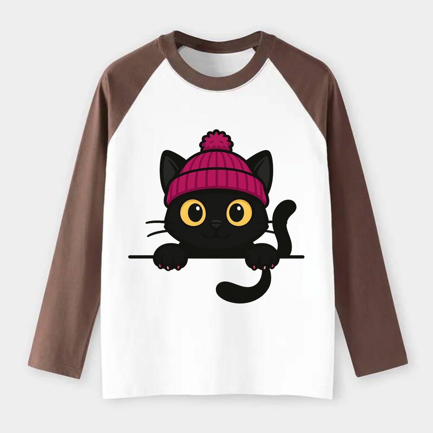 Midnight the black cat holding a tiny book labeled secrets against the - Raglan Long Sleeve T-Shirt - Coffee
