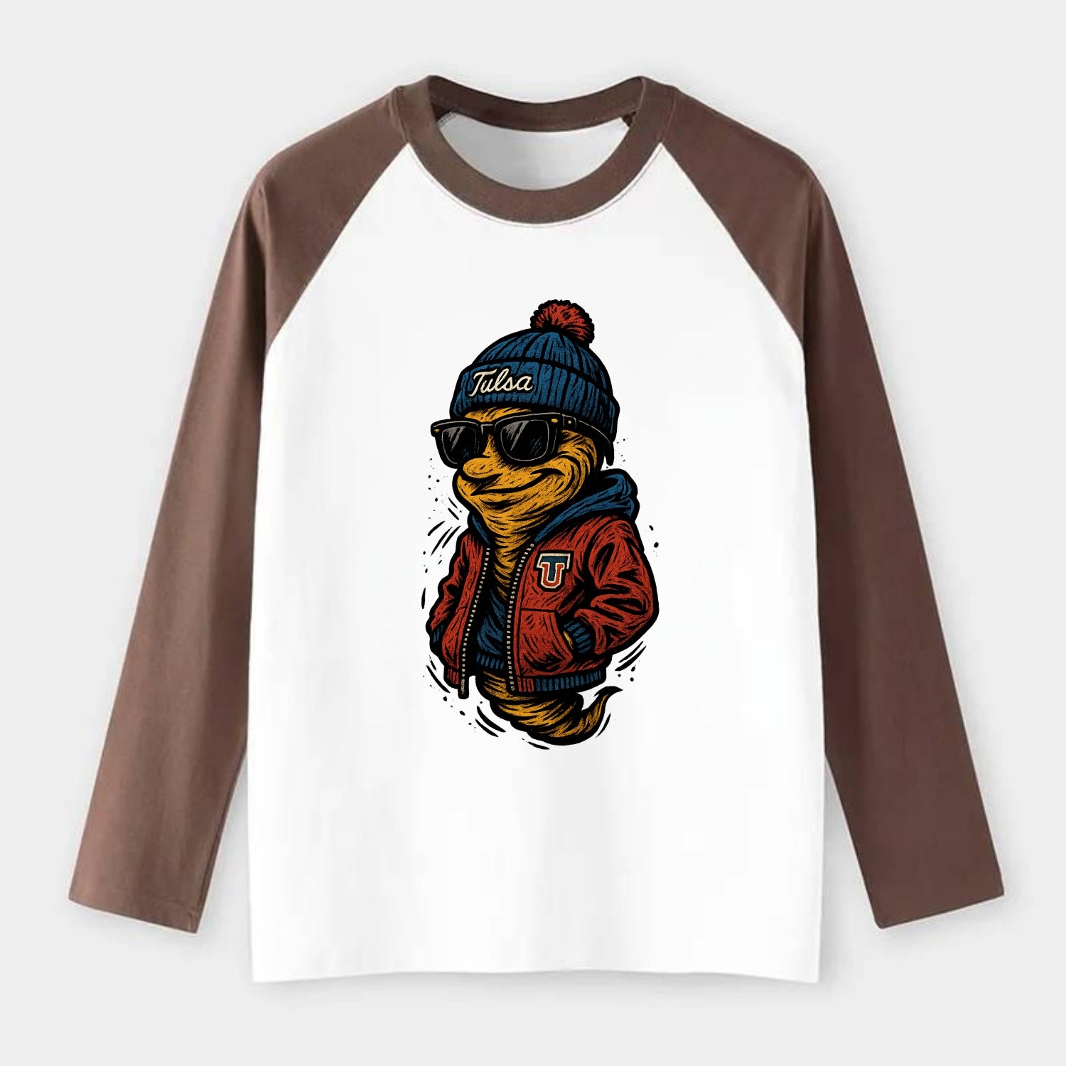 Tulsa Hurricane wearing Tulsa beanie with TU patch - Raglan Long Sleeve T-Shirt - Coffee