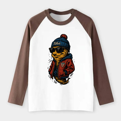 Tulsa Hurricane wearing Tulsa beanie with TU patch - Raglan Long Sleeve T-Shirt - Coffee