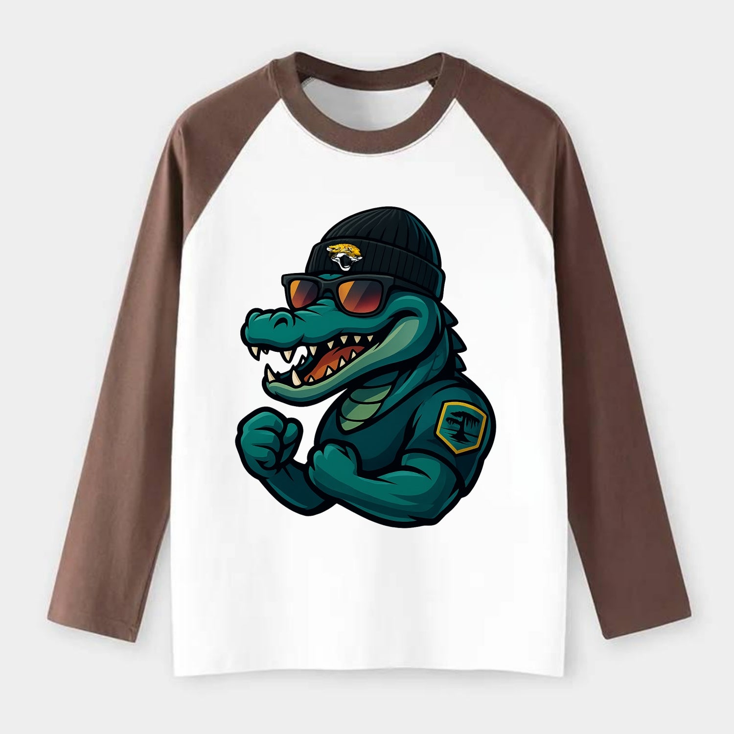 Jacksonville Alligator wearing Jaguars beanie with swamp patch and - Raglan Long Sleeve T-Shirt - Coffee