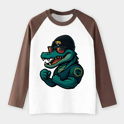 Jacksonville Alligator wearing Jaguars beanie with swamp patch and - Raglan Long Sleeve T-Shirt - Coffee