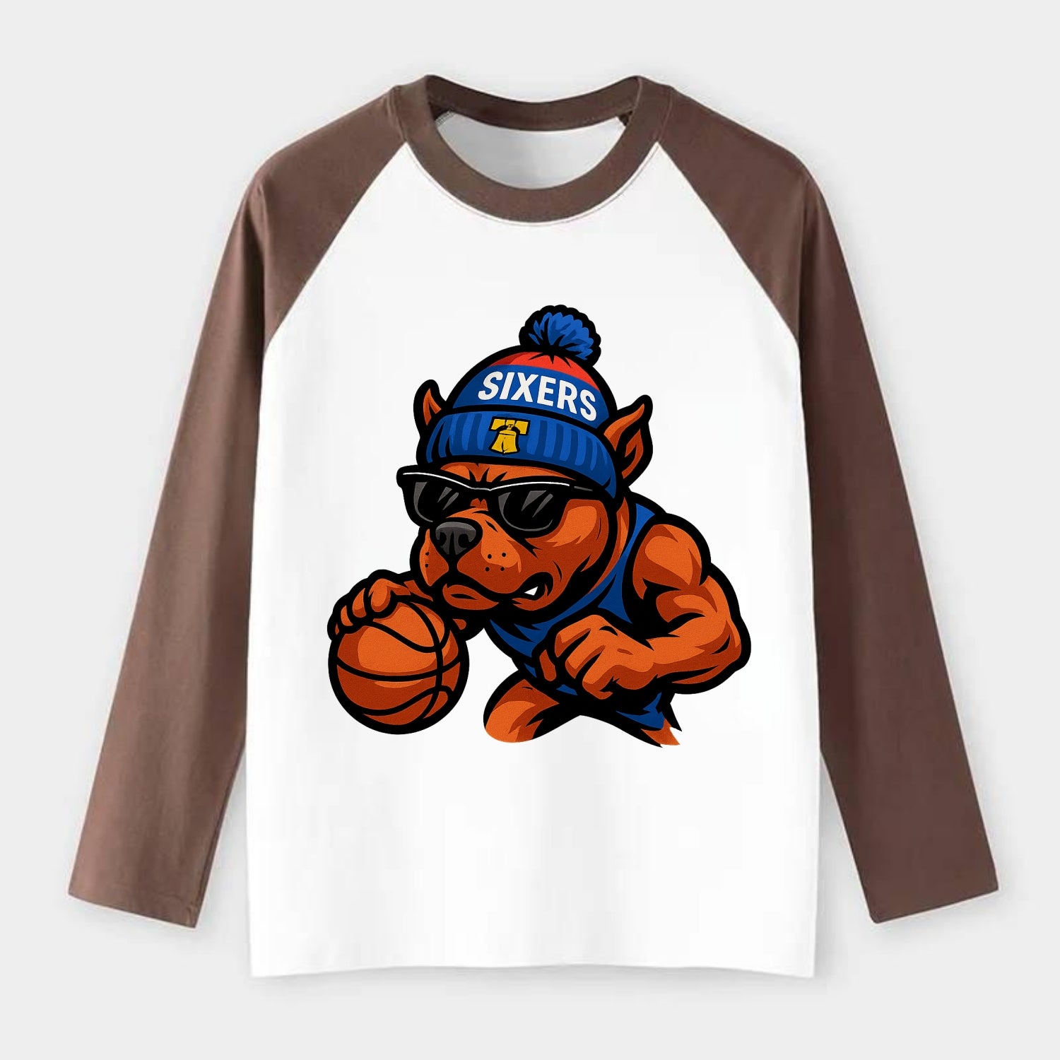 Philly Pitbull wearing Sixers beanie with Liberty Bell and wayfarer - Raglan Long Sleeve T-Shirt - Coffee