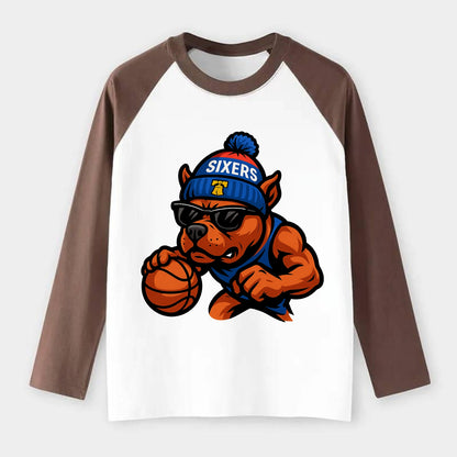 Philly Pitbull wearing Sixers beanie with Liberty Bell and wayfarer - Raglan Long Sleeve T-Shirt - Coffee