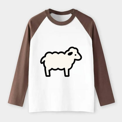 Sheep - White fluffy wool flat side profile - Raglan Long Sleeve T-Shirt - Coffee