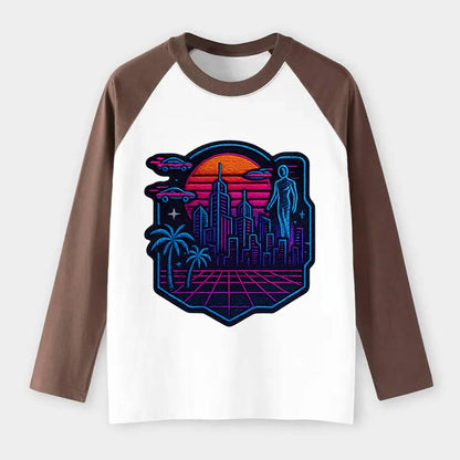 Cyberpunk City - Raglan Long Sleeve T-Shirt - Coffee