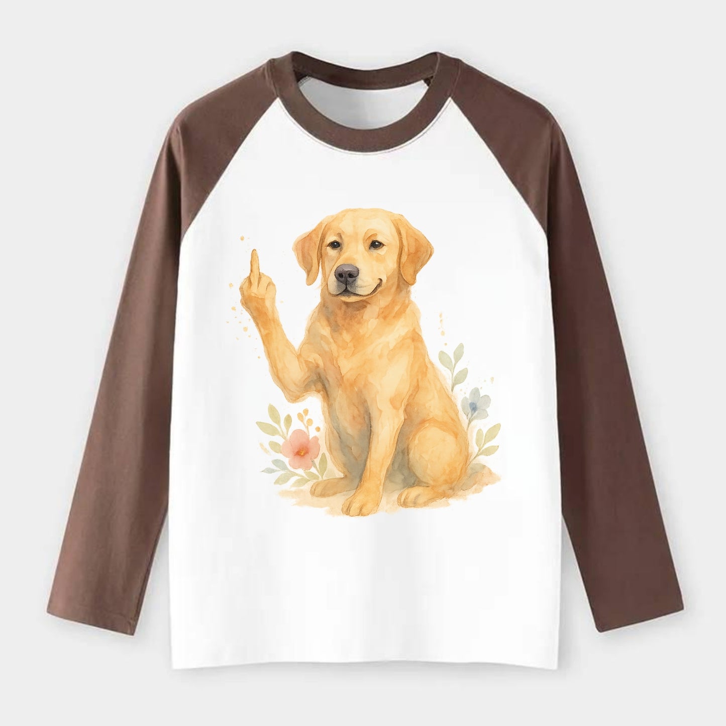 Labrador Retriever yellow sitting pretty, friendly face, strong paw up - Raglan Long Sleeve T-Shirt - Coffee