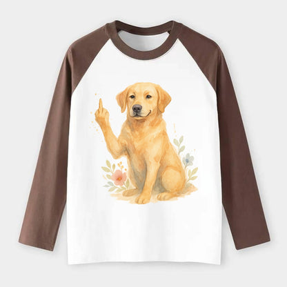 Labrador Retriever yellow sitting pretty, friendly face, strong paw up - Raglan Long Sleeve T-Shirt - Coffee