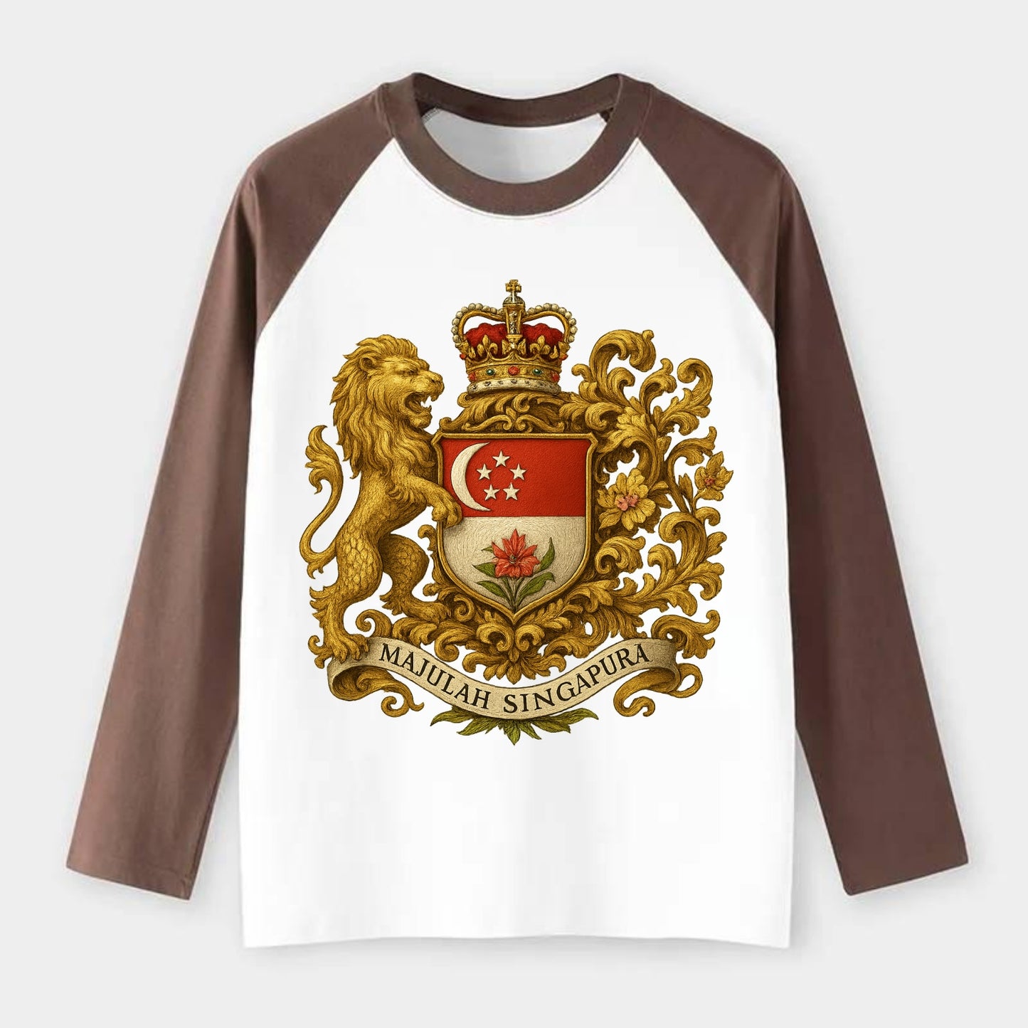 Singapore Merlion Emblem - Raglan Long Sleeve T-Shirt - Coffee