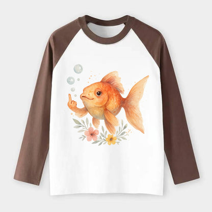 chubby goldfish blowing bubbles, one fin extended like middle finger - Raglan Long Sleeve T-Shirt - Coffee