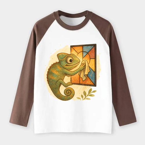 Chameleon blending into a stained-glass window it is polishing with - Raglan Long Sleeve T-Shirt