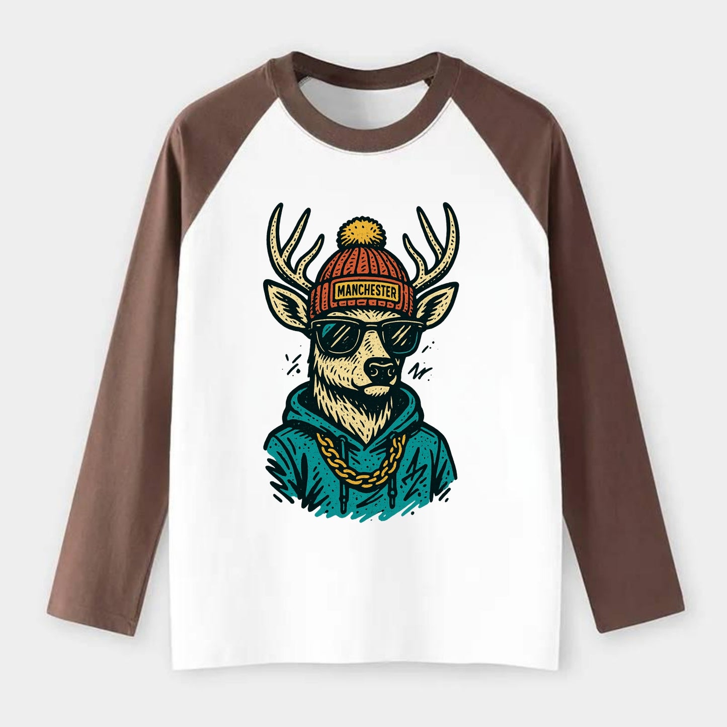 New Hampshire White-tailed Deer wearing Manchester beanie with pom pom - Raglan Long Sleeve T-Shirt - Coffee