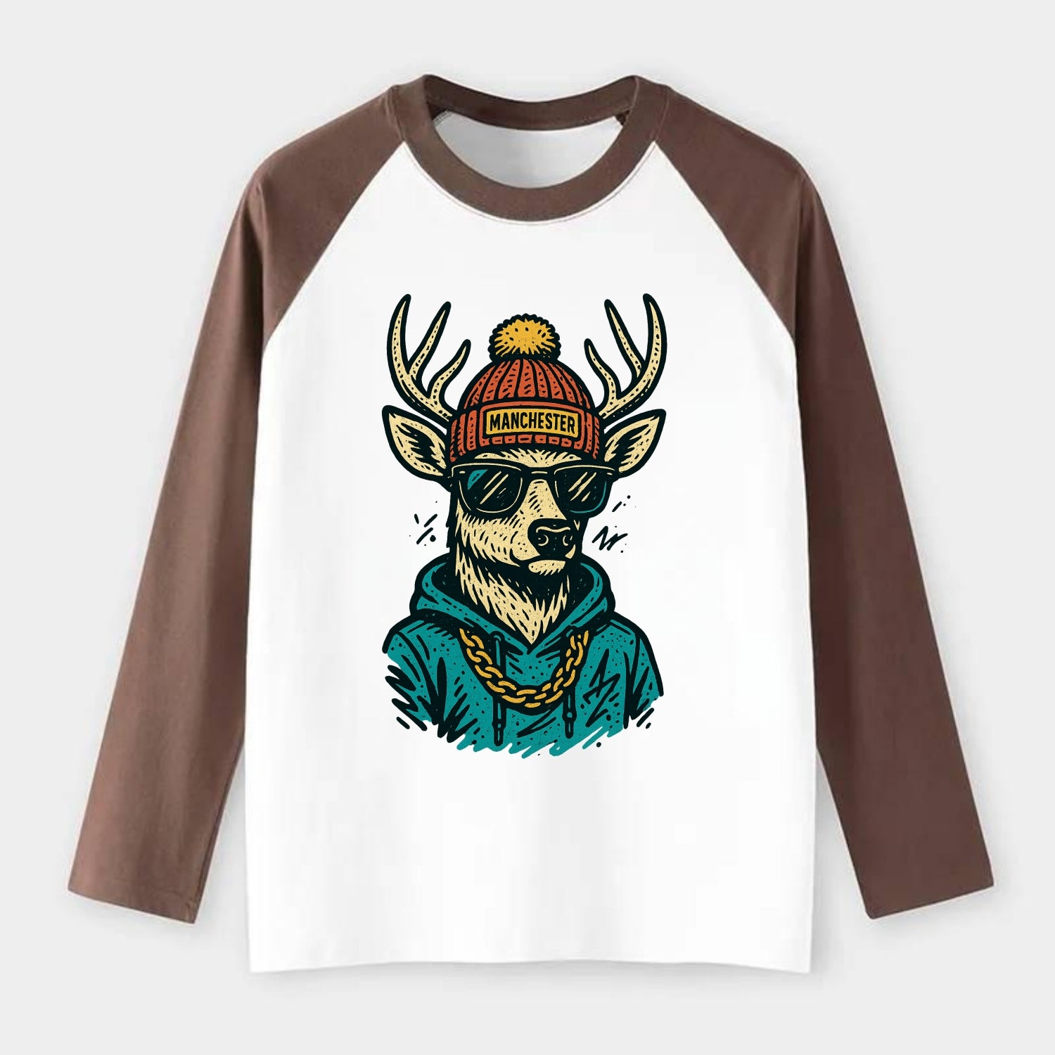 New Hampshire White-tailed Deer wearing Manchester beanie with pom pom - Raglan Long Sleeve T-Shirt - Coffee