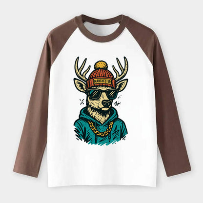 New Hampshire White-tailed Deer wearing Manchester beanie with pom pom - Raglan Long Sleeve T-Shirt - Coffee