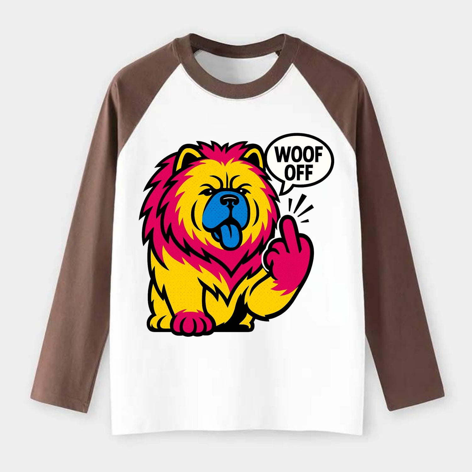 Chow Chow with lion mane and blue-black tongue, fluffy dignified paw - Raglan Long Sleeve T-Shirt - Coffee