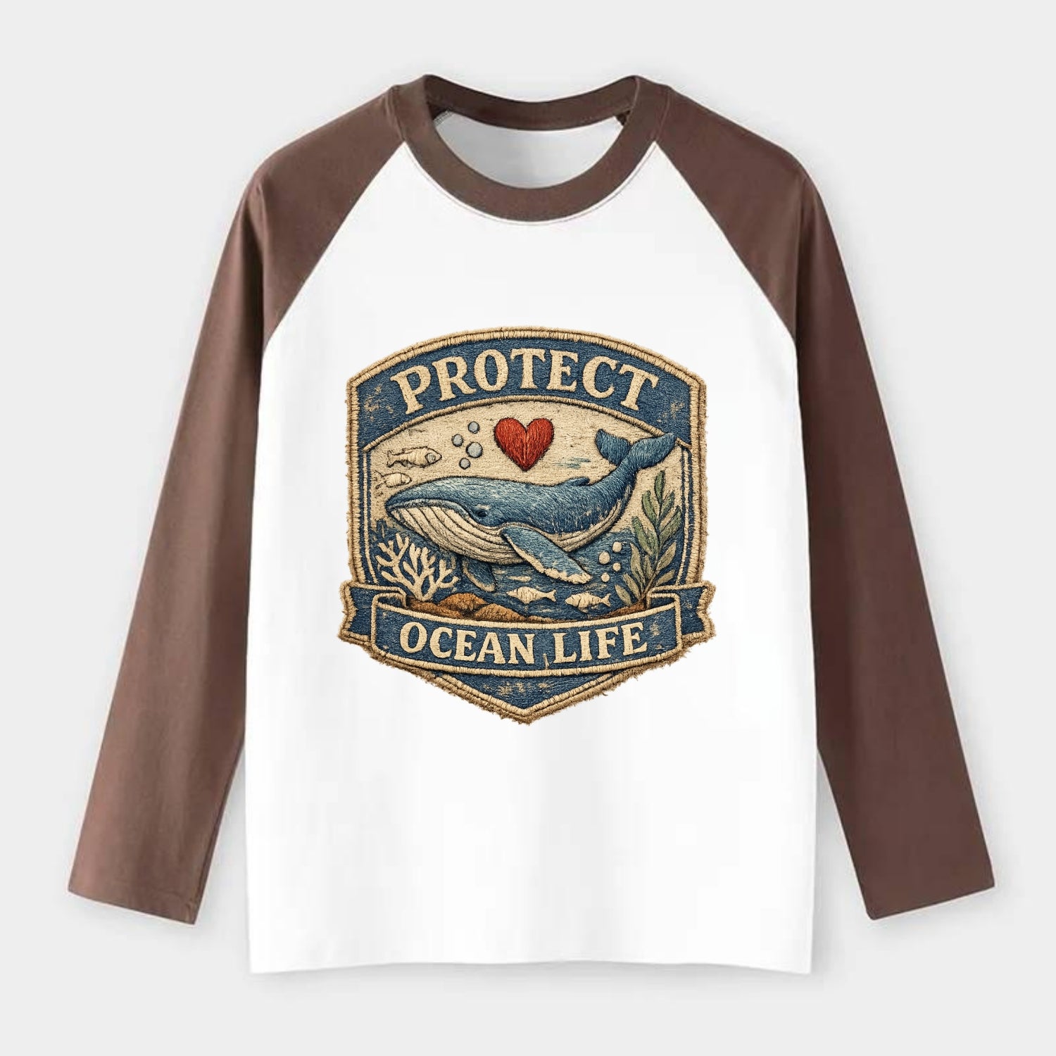 PROTECT OCEAN LIFE - whale with heart in blue , marine conservation - Raglan Long Sleeve T-Shirt - Coffee