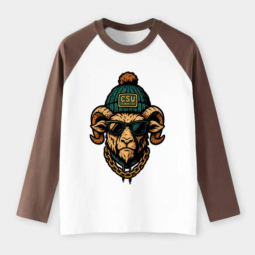 Fort Collins Ram wearing Colorado State beanie with CSU patch - Raglan Long Sleeve T-Shirt