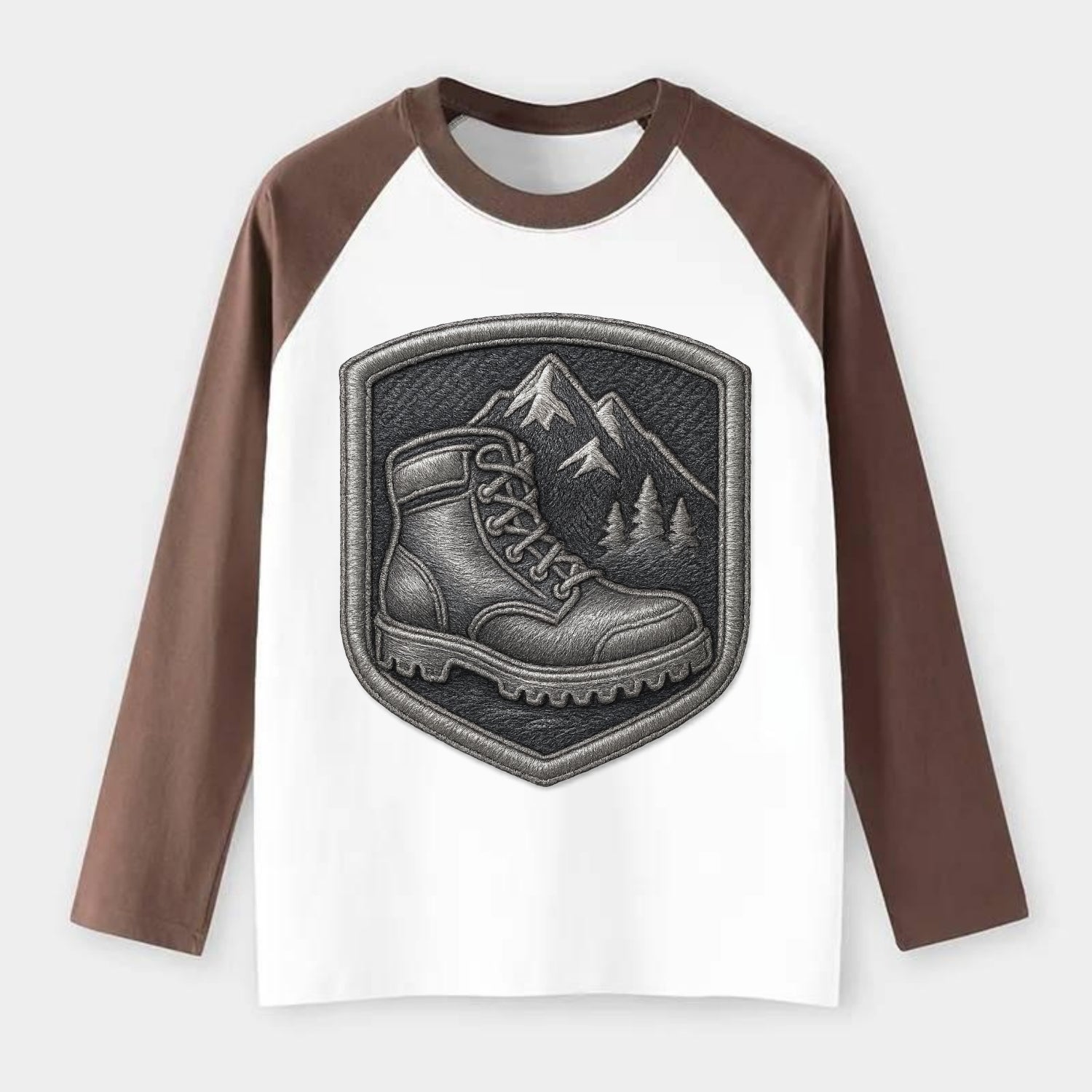 Hiking boots with mountain peak - hiker pride - Raglan Long Sleeve T-Shirt - Coffee